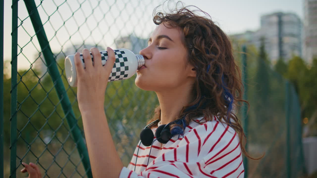 chica turista bebiendo agua en la calle de la noche de cerca. mujer rizada refrescante