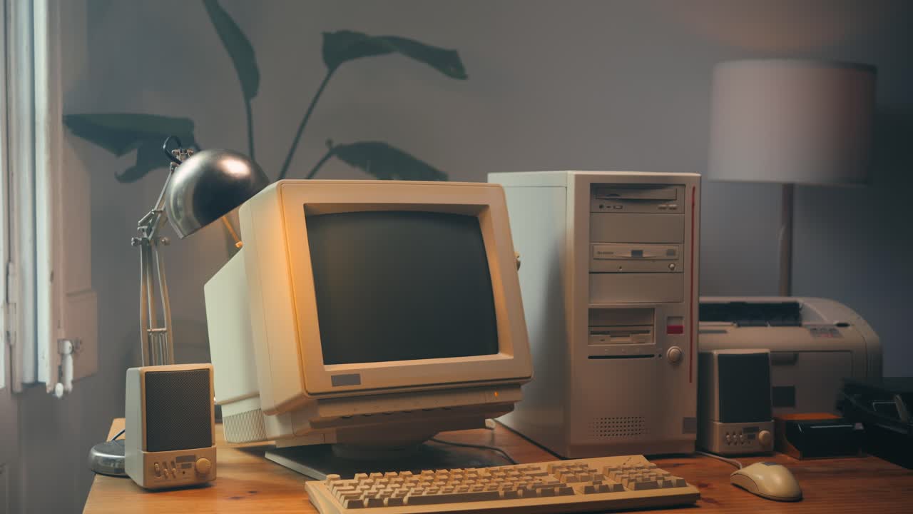 Retro pc computer gaming, Desktop vintage with loading code console, programmer making scripts, green basic screen, Old computer studio close-up, retro wave display, late 90s PC.