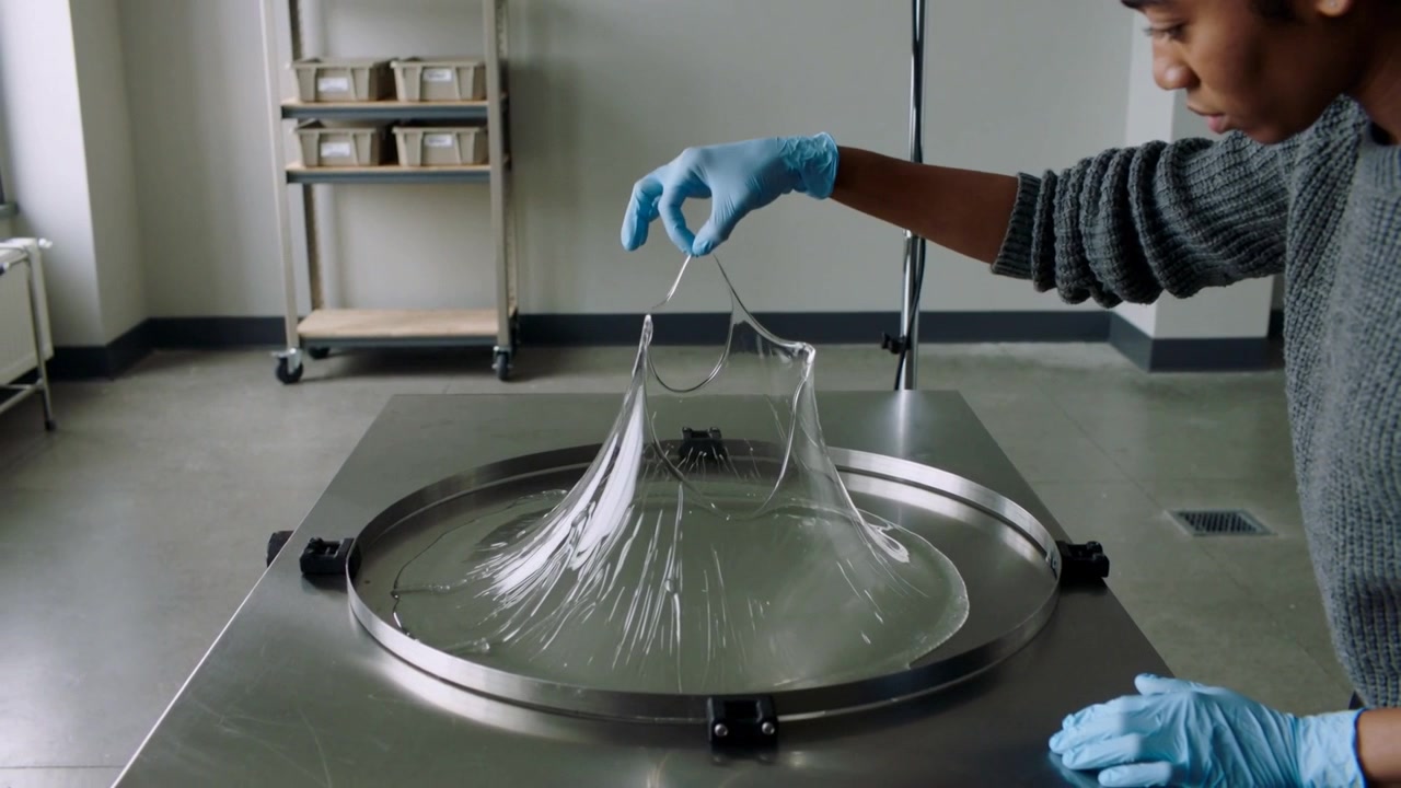 Reaching from right, tech in grey sweater, blue gloves lifting film on metal tray, testing tension