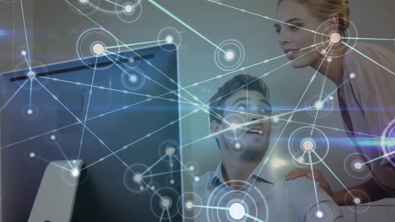 Animation of network of connections over diverse business people using computer