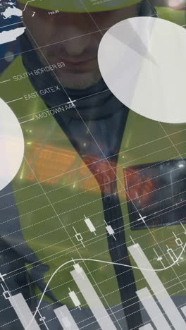 animación de gráficos y datos sobre un trabajador de almacén caucásico usando una tableta