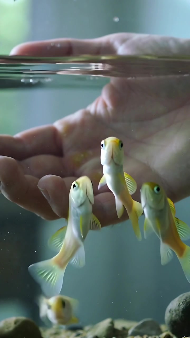 Vidéo verticale: Plaçant des granulés sur la paume, une main attirant des poissons jaunes dans un aquarium en verre à la maison, les nourrissant.