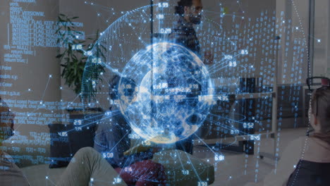 tech professionals collaborating in office lounge, projecting holographic globe with network data