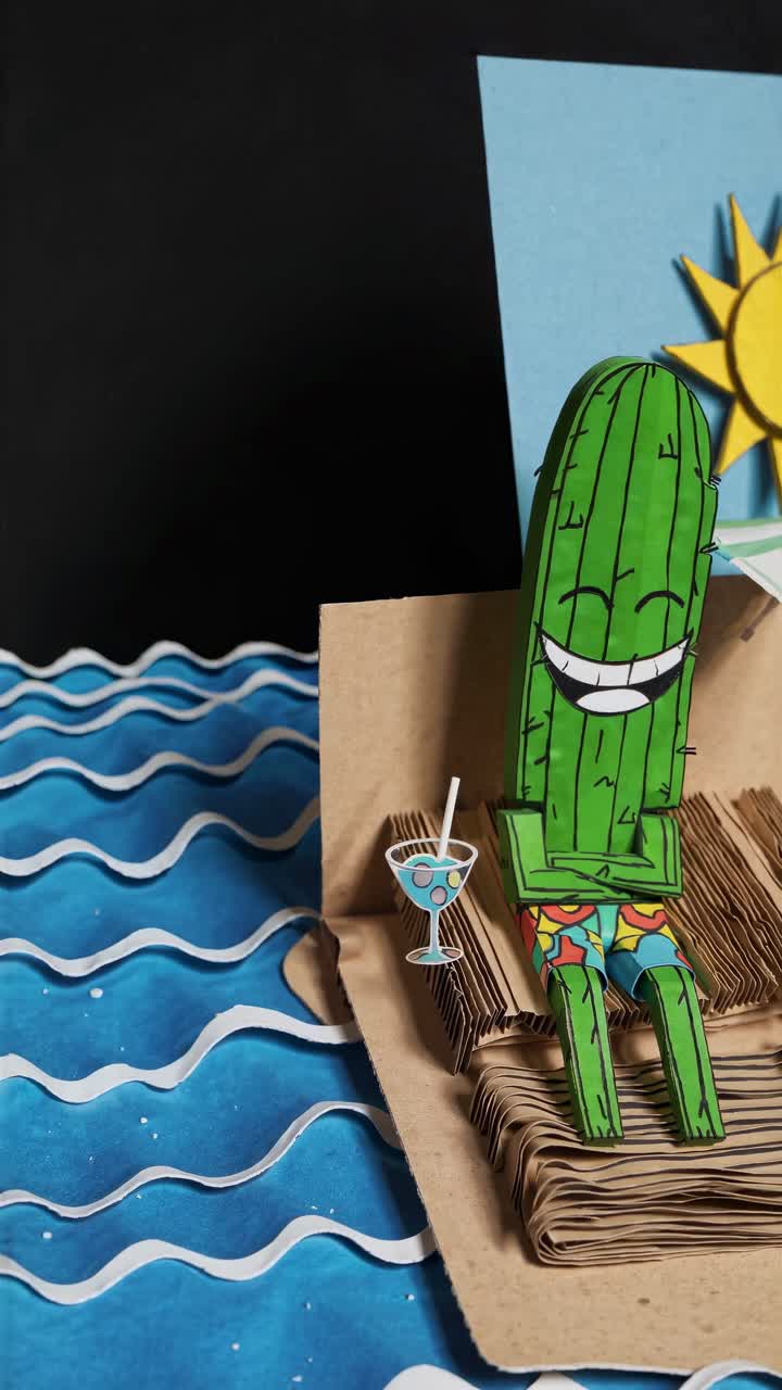 Handmade smiling cactus character relaxing on beach chair, enjoying summer sun, with a refreshing cocktail, under beach umbrella, on a sunny beach
