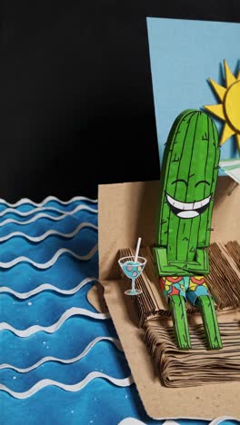 handmade smiling cactus character relaxing on beach chair, enjoying summer sun, with a refreshing cocktail, under beach umbrella, on a sunny beach
