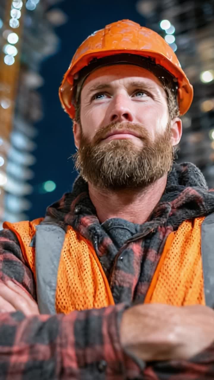 Confident Construction Worker Garbed in Protective Gear Looking Upward Amidst a Dynamic Urban Environment at Night
