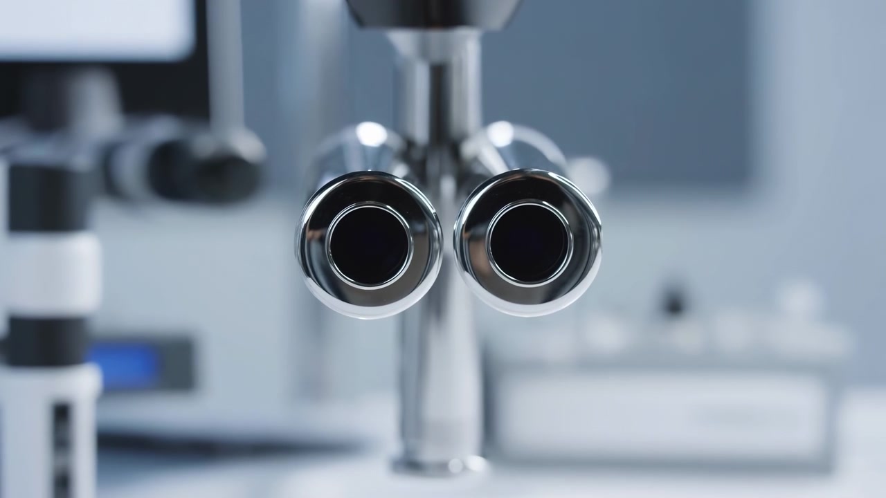 Primer plano a mitad de secuencia de oculares de microscopio binocular en un entorno de laboratorio clínico fresco.