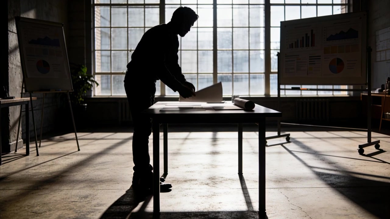 Walking adult man leaning over table, unrolling plans and aligning papers at loft studio for layout