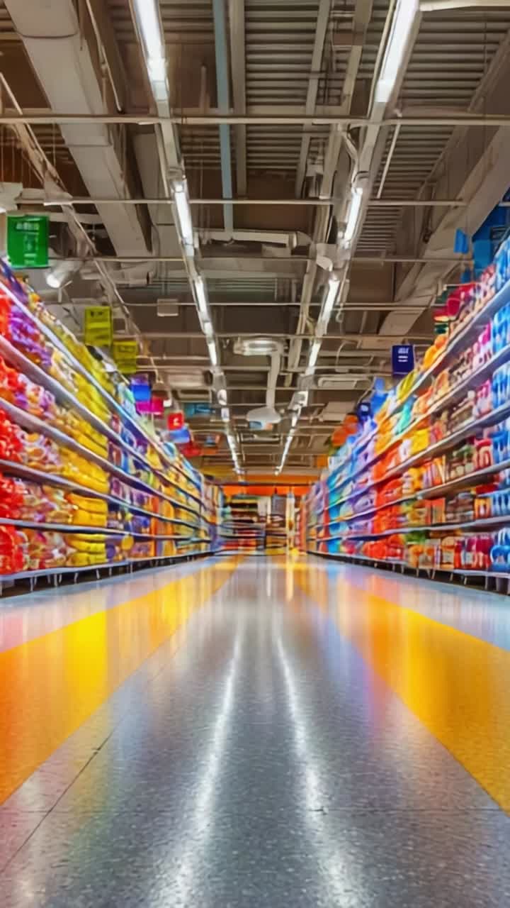 Et fængslende syn af en moderne supermarkedsgang, der viser farverige hylder og stærk belysning, og som inviterer kunderne til at udforske en levende shoppingoplevelse