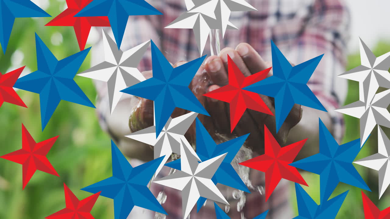 ⁇ 은색, 파란색,  ⁇ 색의 별들이 아프리카계 미국인 남성의 손을  ⁇ 는 애니메이션