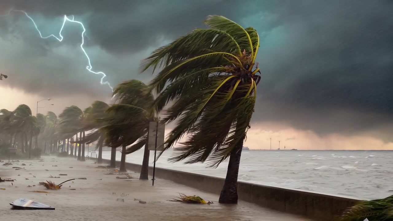 Palm Trees Swaying in Strong Winds During a Tropical Storm