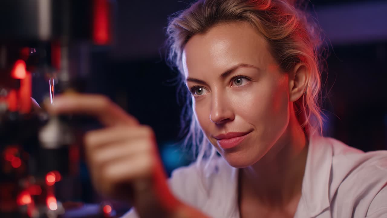 Focused scientist finely adjusting a high-tech laboratory device with intense concentration, illuminated by red lighting, showcasing the intersection of innovation, research, and modern technology
