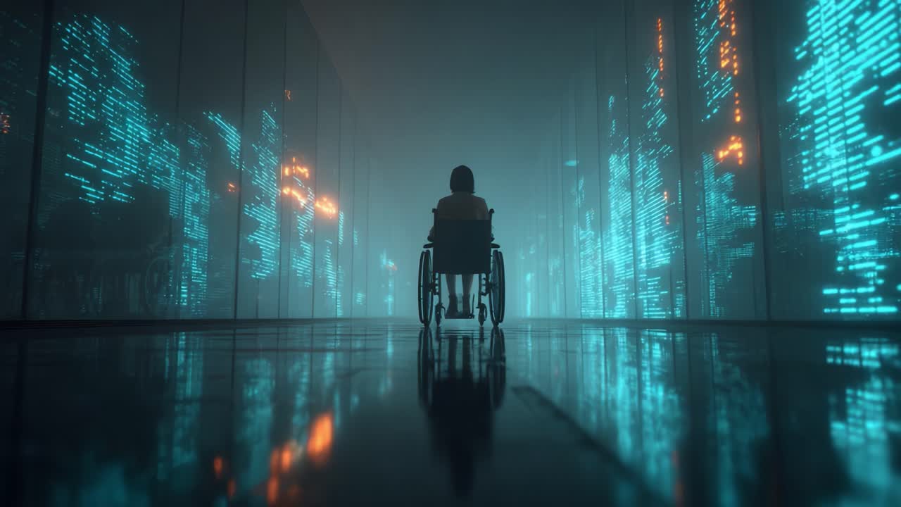 A contemplative figure in a wheelchair gazes at a mesmerizing digital landscape filled with glowing blue and orange elements, reflecting notions of technology, isolation, and hope