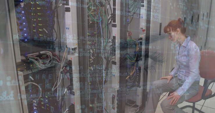 Animation of data processing over computer servers and caucasian female it engineer
