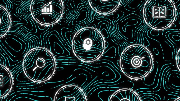 Animation of network of connections with icons on black background