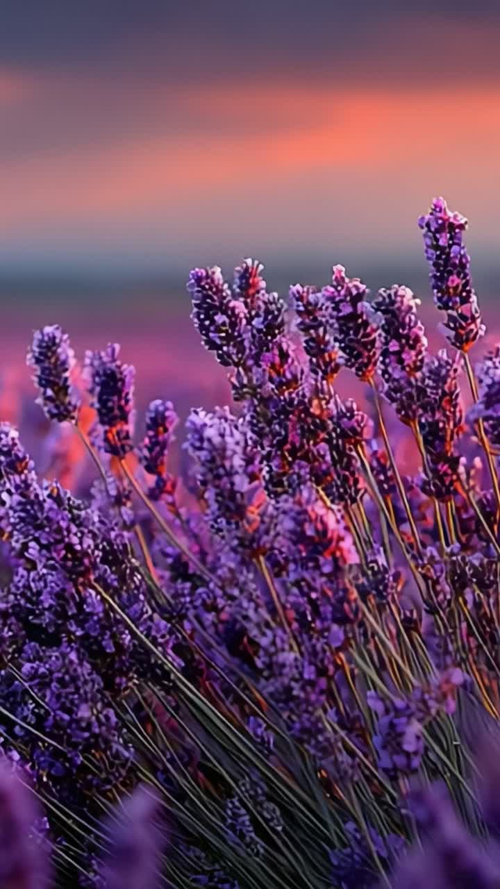 Breathtaking Field of Lavender Blooms Captured During a Serene Sunset, Showcasing Rich Purple Hues Against a Vivid Sky, Perfectly Highlighting Nature's Beauty