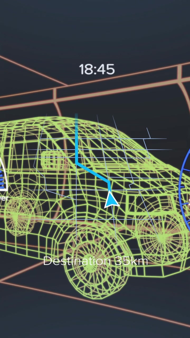 Animazione del cruscotto dell'auto che mostra velocità, temperatura e dettagli di navigazione
