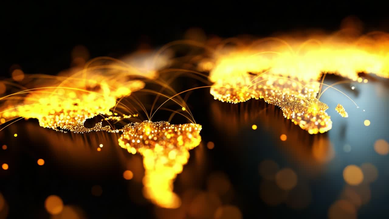 A Stunning Visualization of a World Map Highlighted with Sparkling Golden Lights and Connections, Depicting Global Interactions and Digital Networks Across Continents