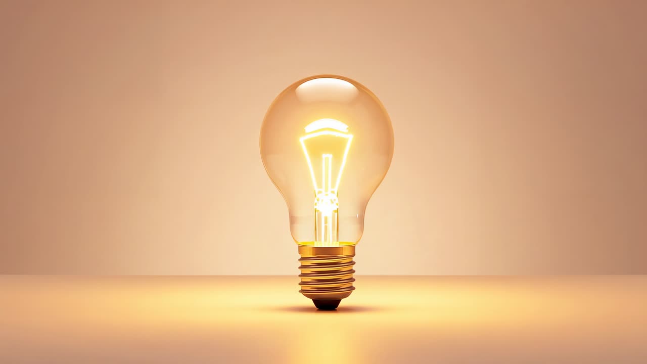 Transitioning clear incandescent bulb starting unlit then glowing on tabletop revealing filament