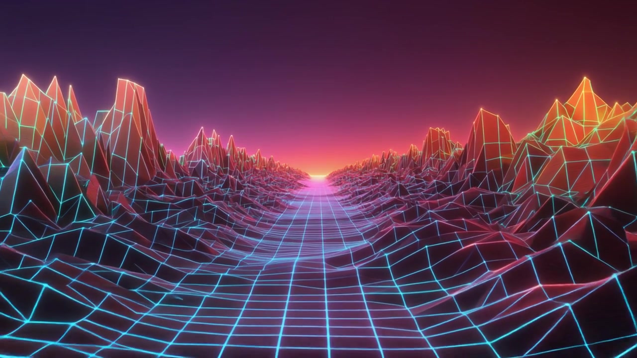 Retro Synthwave Digital Landscape with Glowing Wireframe Mountains