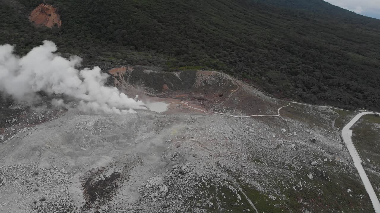 Smoke Emitting Summit of Mount Kirishima Volcano Aerial Landscape, Japan