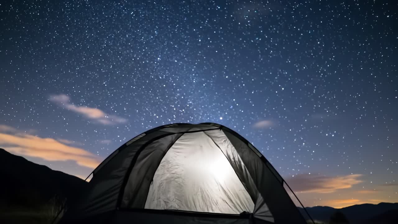 Camping Under a Starlit Sky: A Tent Illuminated by Stars and the Night’s Beauty, Capturing the Essence of Outdoor Adventures and Serenity in Nature