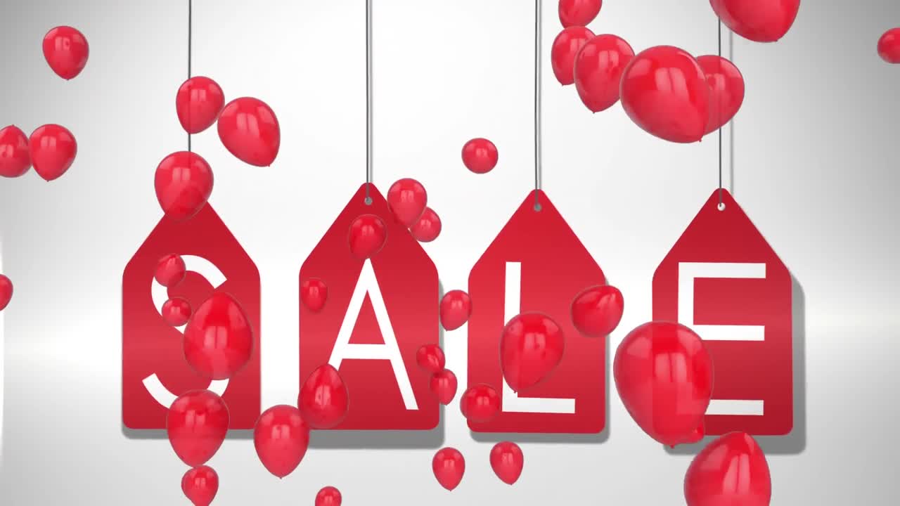 Grafis penjualan pada label merah dengan balon di latar belakang putih