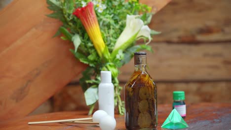 medicinal plants with angel's trumpet and natural herbal remedies in a rustic wood cabin