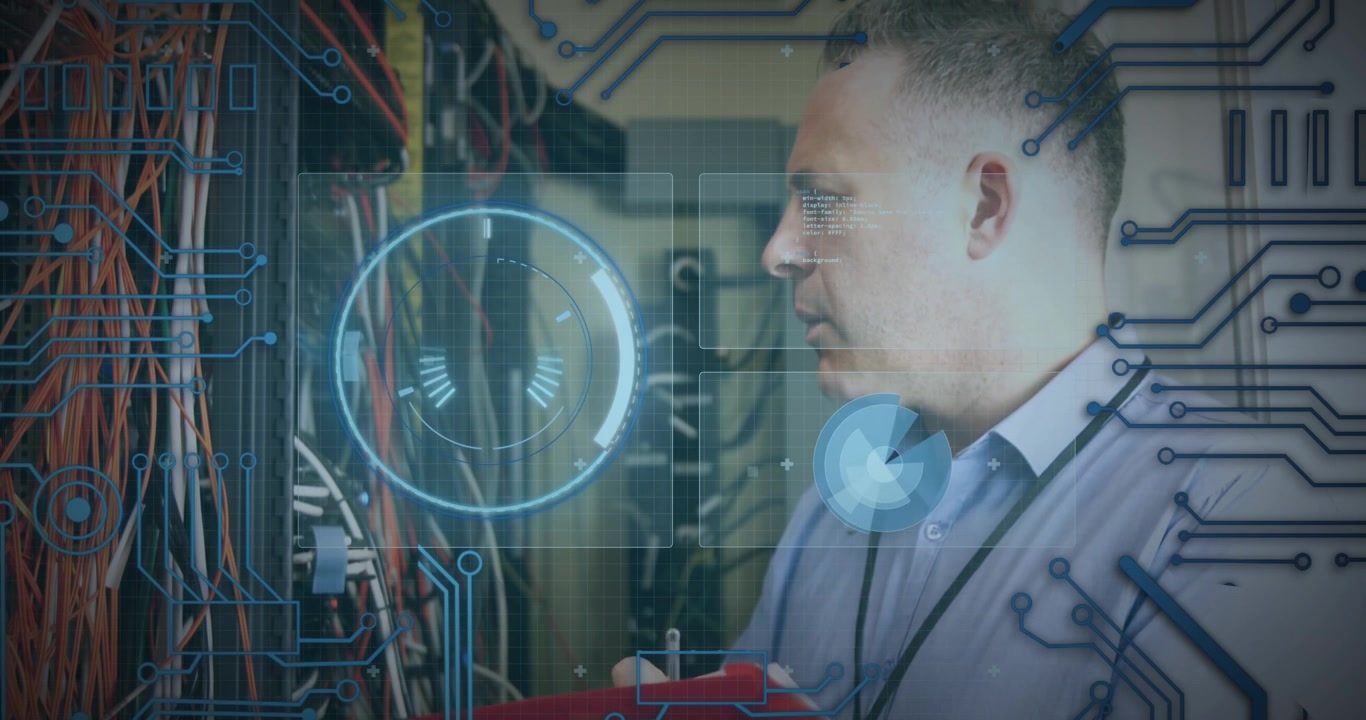Animation of scope scanning and data processing over caucasian it man computer server