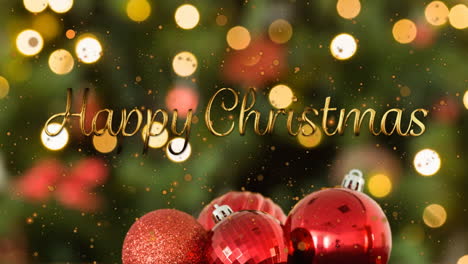 animation of happy christmas text over christmas bubbles and bokeh
