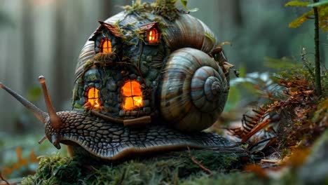 a large, colorful snail with a house on top of it. the house is made of wood and has windows. the snail is sitting on a mossy log