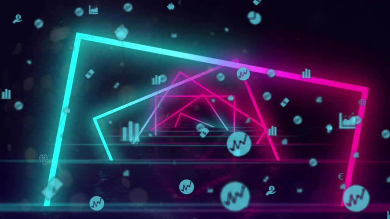 Beginning cyan magenta polygon nesting into void tunnel, data icons swirling representing network