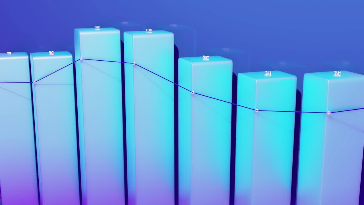 금융 배경: 추상적인 인포그래픽, 통계 데이터, 바, 카운터 및 그래프를 가진 분석 프로그램에 대한 아름다운 파란 배경 3d 기둥은 루프에서 부드럽게 위아래로 이동합니다.