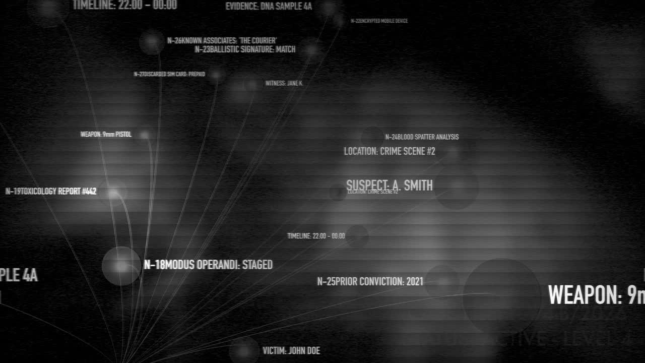 Black and white digital interface displaying rotating crime case terminology and investigation nodes. Ideal for archival themes and forensic research visualizations