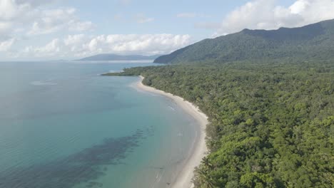 aerial view of myall beach with vista of forest mountains in cape tribulation, queensland, australia