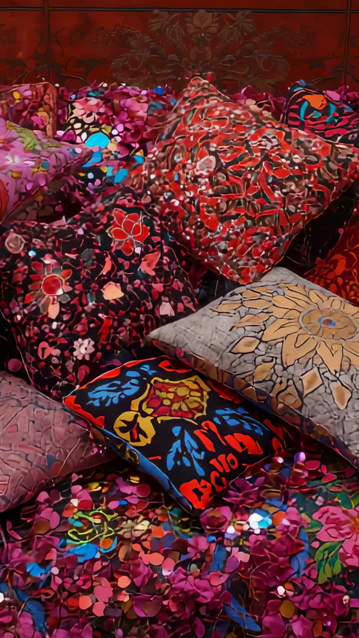 Video verticale: carrellata orizzontale che riprende cuscini in un showroom, mettendo in risalto paillettes e cuscini vistosi