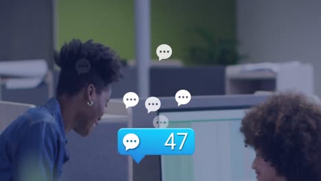 Animation-of-message-icons-with-increasing-numbers-against-two-african-american-woman-at-office