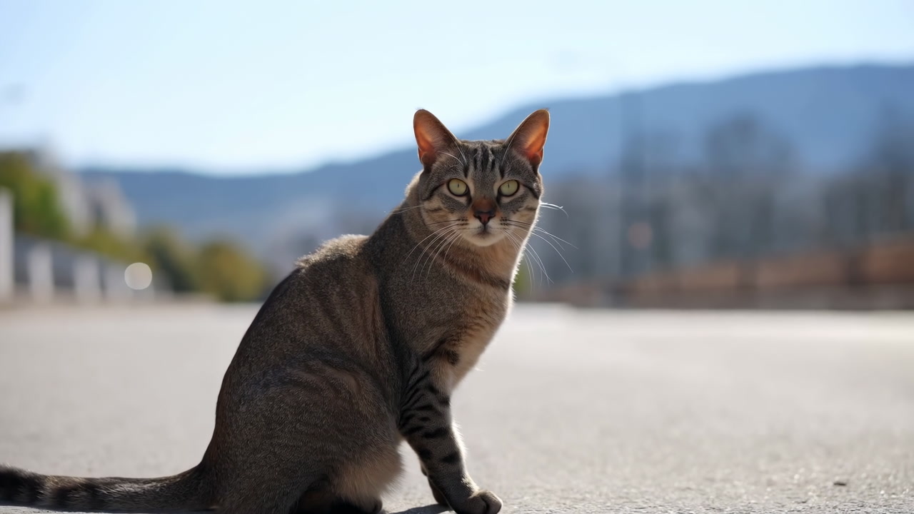 Sunlit Tabby Cat Sitting On Road, Mountain Background, Shallow Depth Of Field, Warm Tones, Curious Green Eyes,