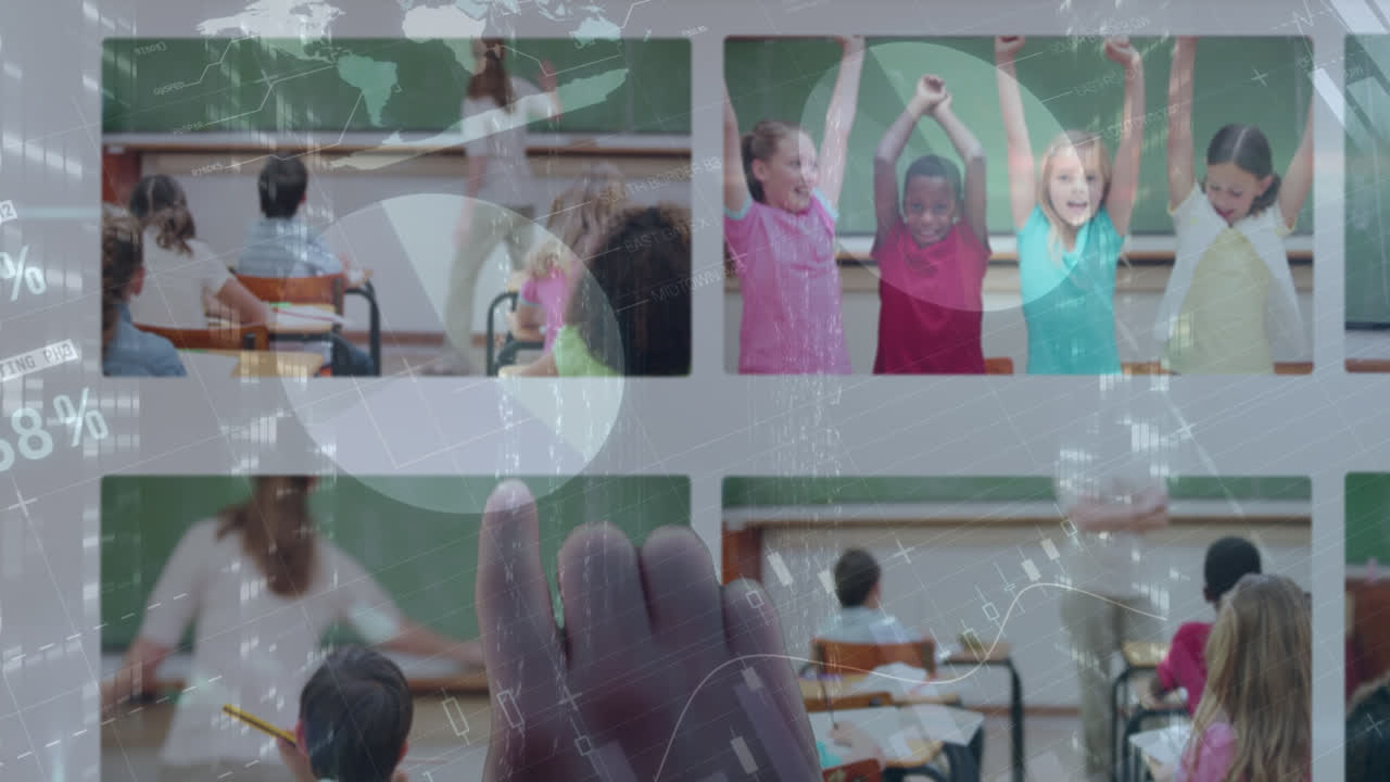 procesamiento de datos estadísticos contra el primer plano de una mano tocando una pantalla con videos escolares