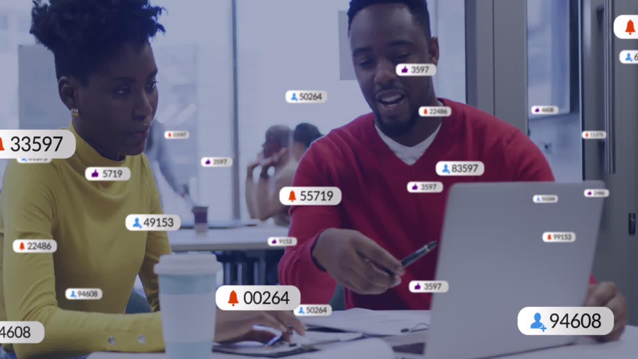 Animation of numbers and icons in message boxes, african american coworkers discussing reports