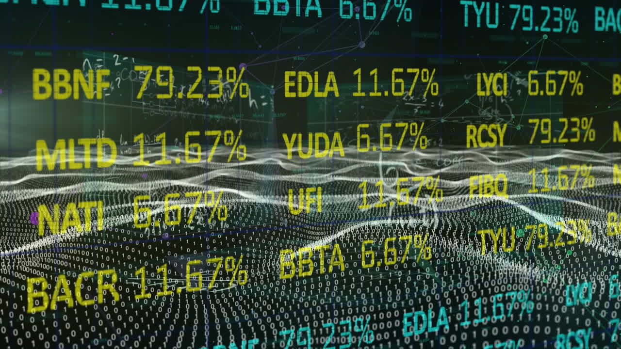 This animation depicts a digital landscape of binary code on a black background