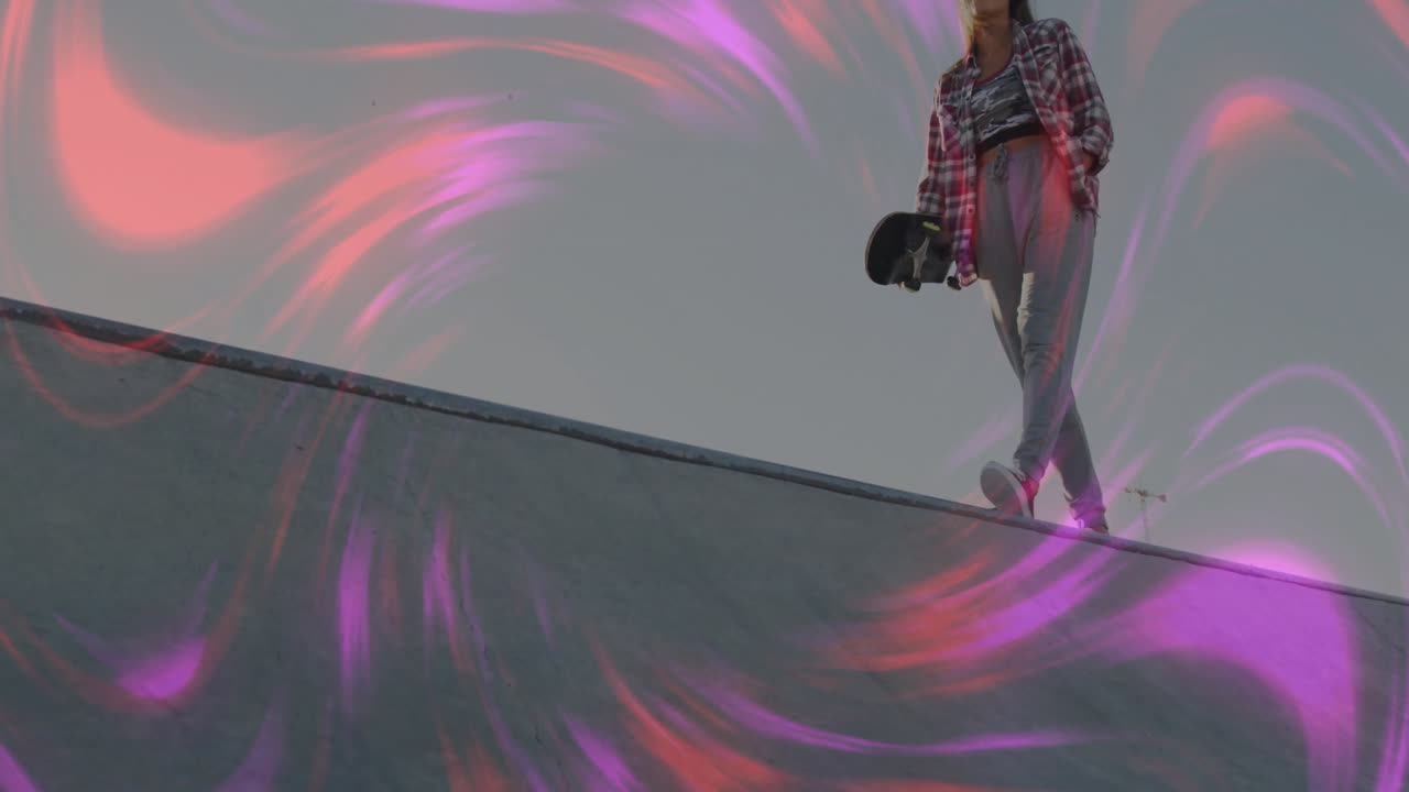 woman skater standing on half-pipe, showcasing technology with animated pink-purple light streaks