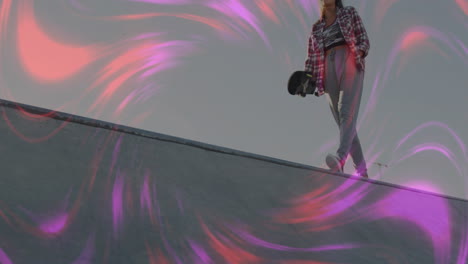 woman skater standing on half-pipe, showcasing technology with animated pink-purple light streaks