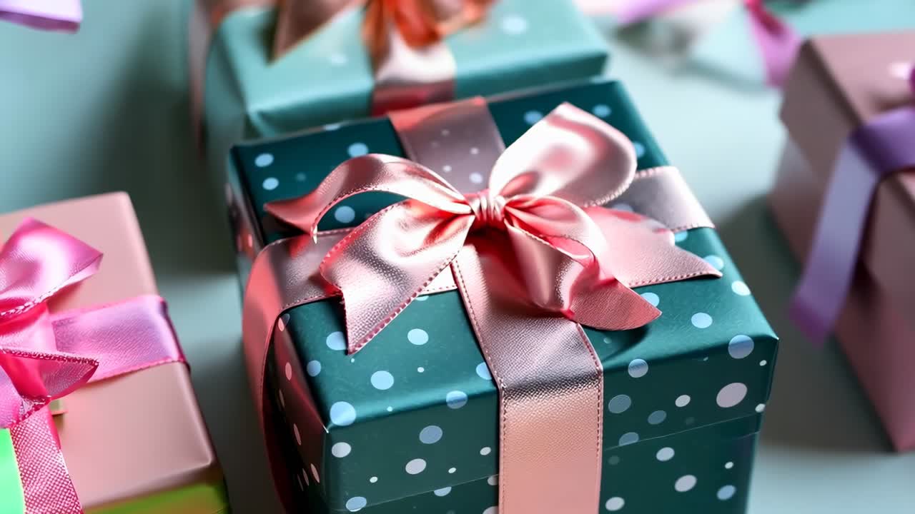 un grupo de pequeñas cajas de regalos con cintas y arcos rosados y azules