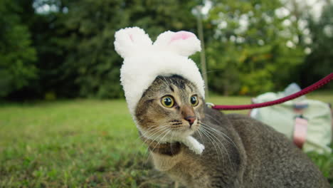 small pretty cat in funny halloween bunny hat sitting on young woman owner in the park . close-up of kitty on green grass. nature