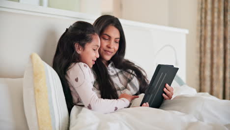 Mother,-child-and-girl-with-tablet-in-bedroom