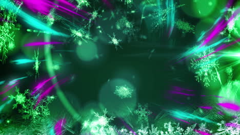 animación de copos de nieve sobre ondas digitales púrpuras y manchas de luz contra un fondo verde.
