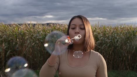 pretty woman blowing soap bubbles in nature during sunlight and farm field in background