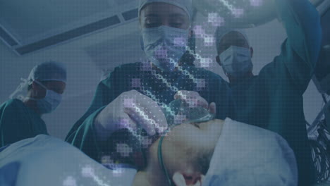 animación de la cadena de adn y procesamiento de datos sobre pacientes y diversos cirujanos con máscaras faciales