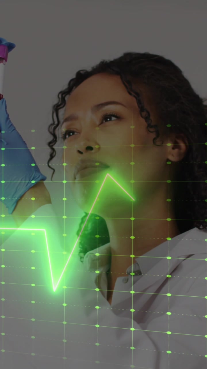 Animation of heart rate monitor against african american female doctor holding a vial bottle